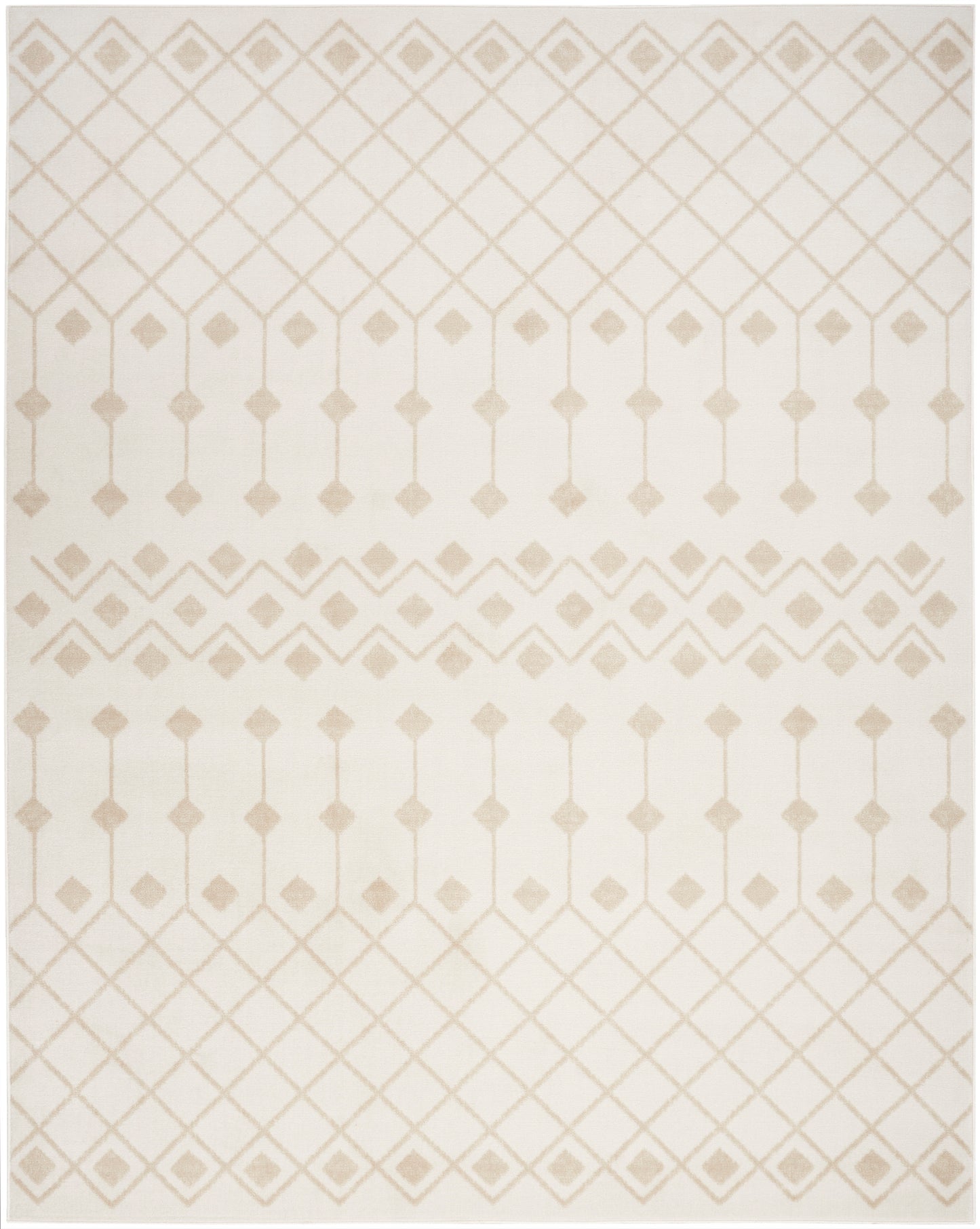 Cream area rug featuring beige geometric lattice diamonds and vertical line motifs in soft neutral tones.