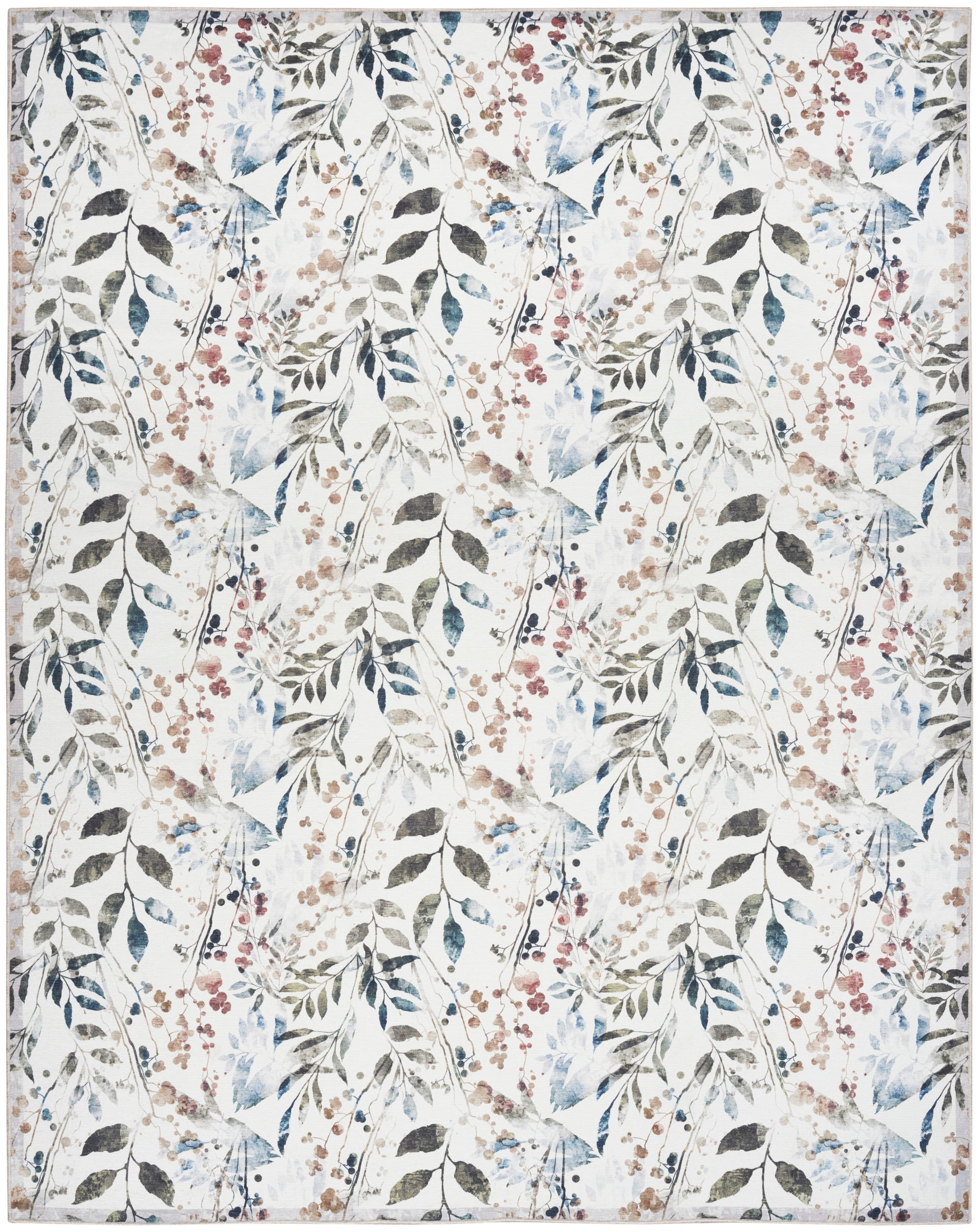 Botanical print area rug with blue-green leaves and pink berries on a soft beige background.