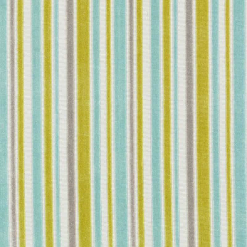 Vertical striped fabric in turquoise, lime, gray and white with a bright retro pattern.