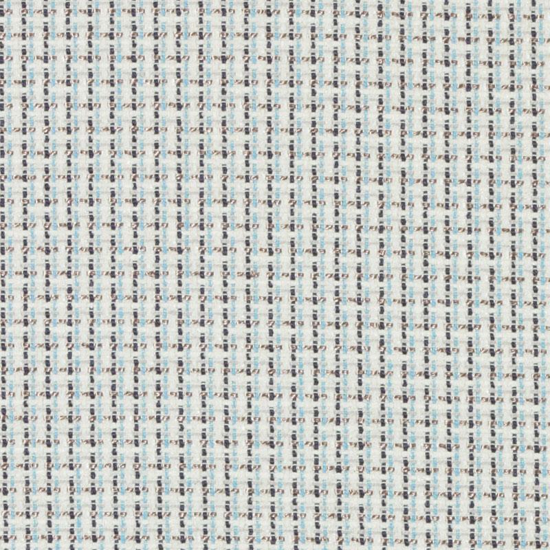 Beige woven tweed fabric with tiny blue and brown specks in a fine check pattern; textured upholstery fabric.
