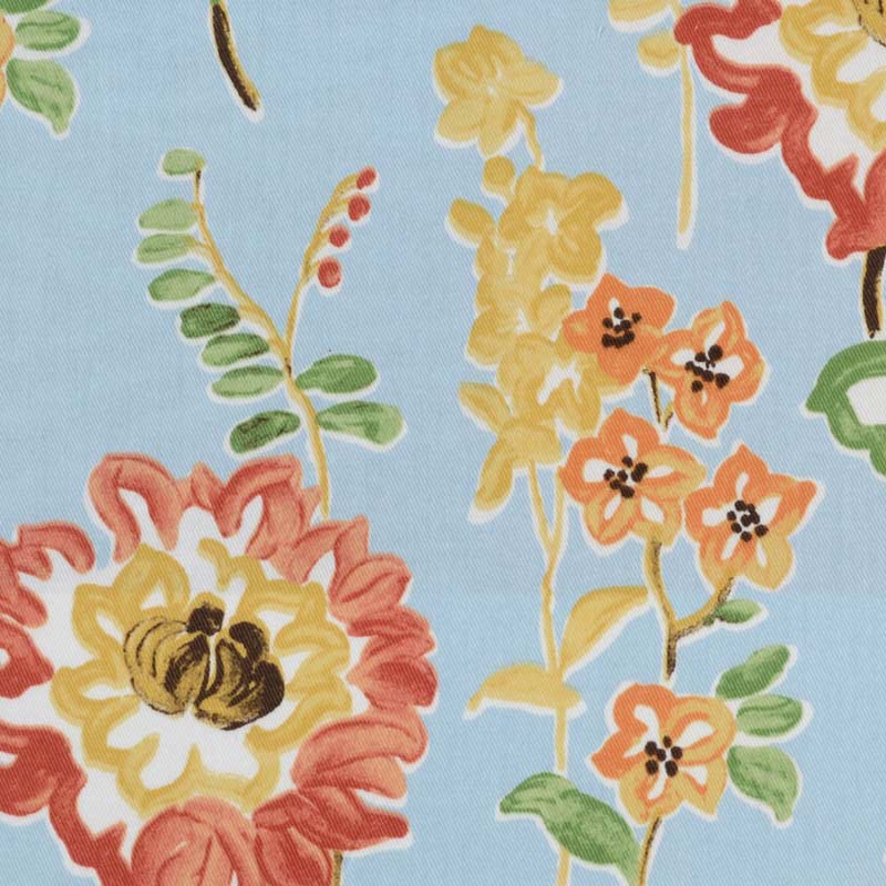 Light blue floral print fabric with a large red-yellow bloom, smaller yellow-orange flowers and green leaves.