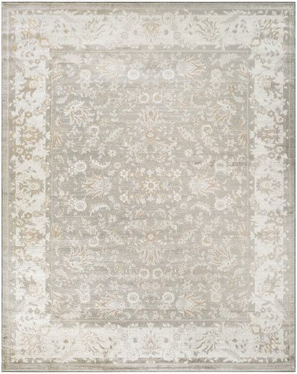 Neutral distressed oriental area rug with ivory, taupe and gray floral border and central medallion.