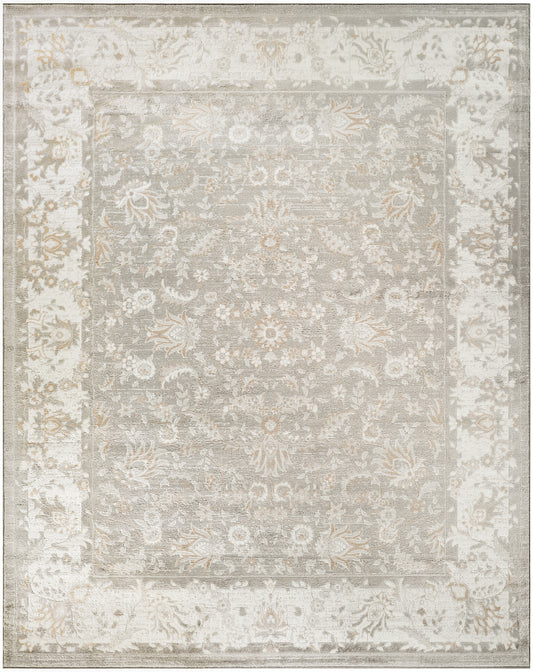 Neutral distressed oriental area rug with ivory, taupe and gray floral border and central medallion.