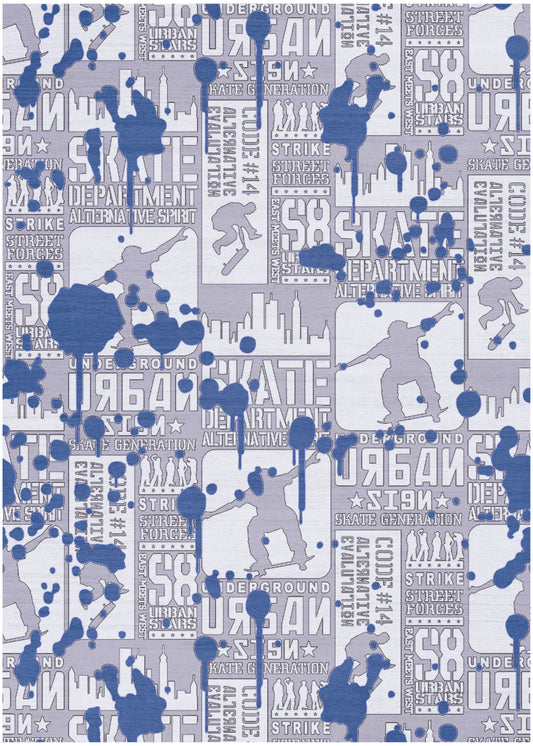 Light lavender fabric with urban graffiti collage: blue paint splatters, skyline silhouettes, bold white text blocks.