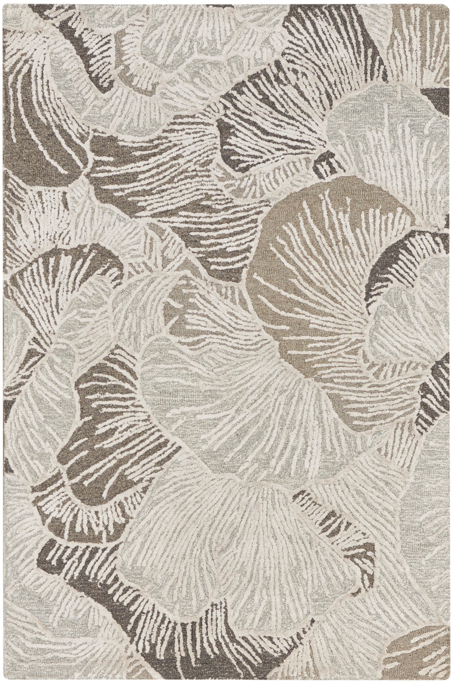Rectangular woven rug in cream, taupe and beige with abstract floral pattern; contemporary soft floor decor.