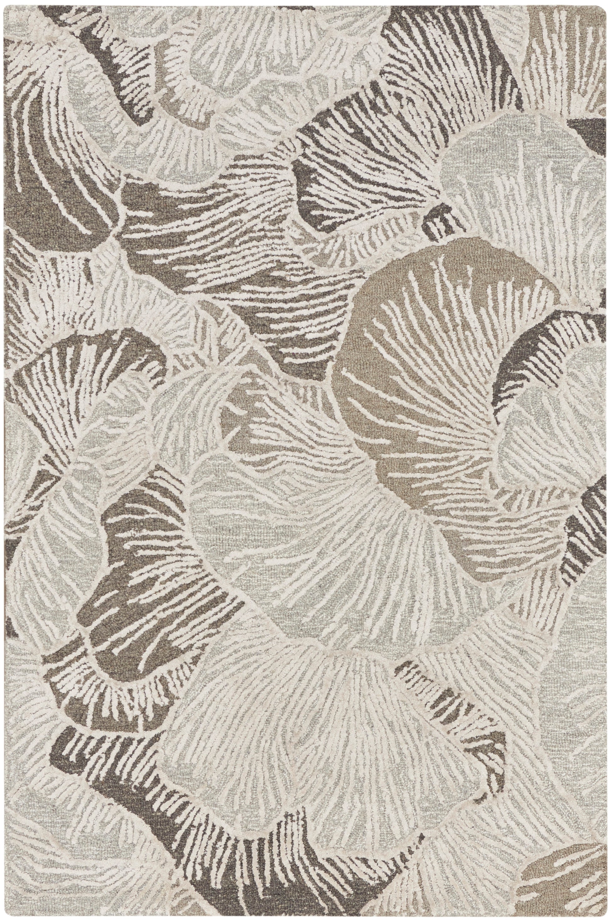 Rectangular woven rug in cream, taupe and beige with abstract floral pattern; contemporary soft floor decor.