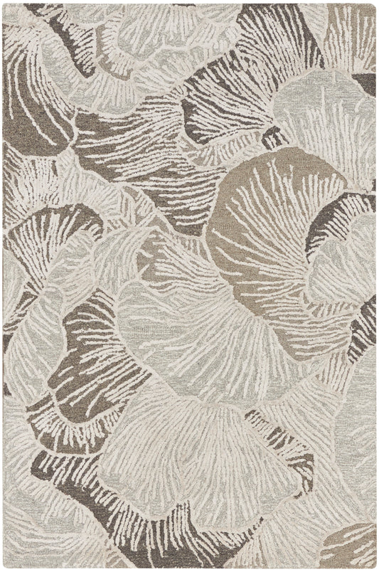 Rectangular woven rug in cream, taupe and beige with abstract floral pattern; contemporary soft floor decor.