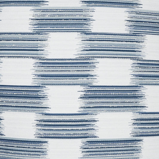 Blue brush-stroke checkered fabric pattern on white; geometric textile for upholstery or curtains.