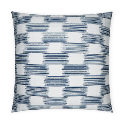 Blue and white geometric throw pillow with brushed stripe checker pattern, square decorative cushion.