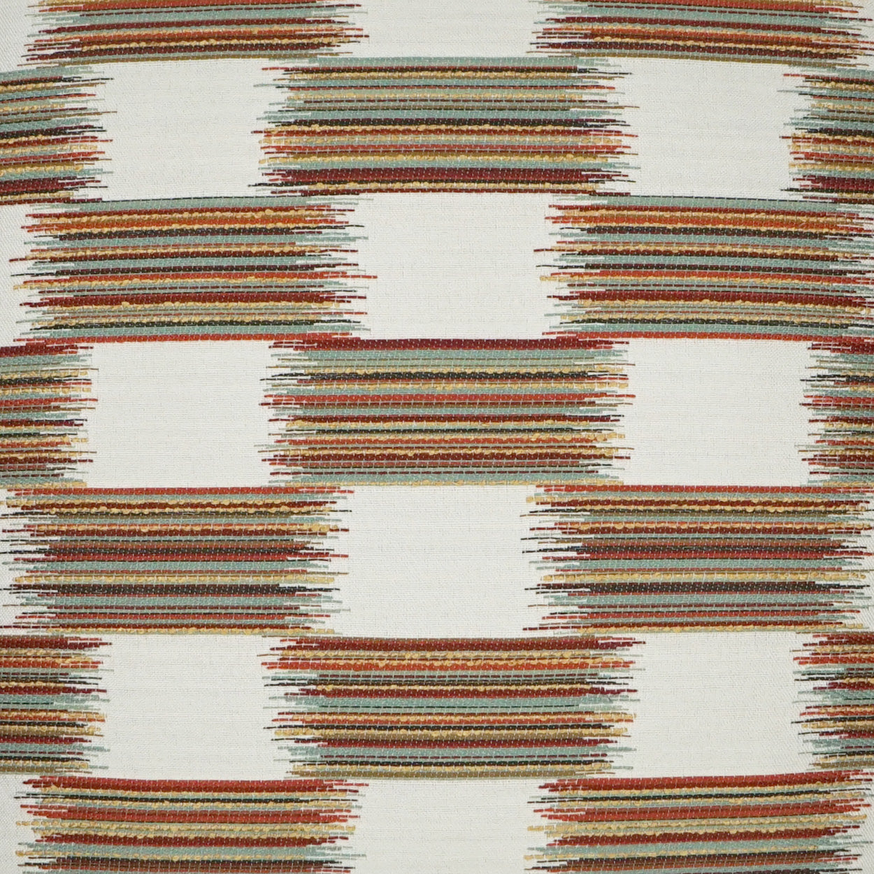 Colorful woven fabric with rectangular fringe-striped blocks in orange, red, green and teal on ivory.