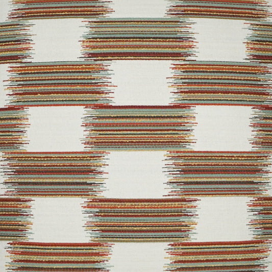 Colorful woven fabric with rectangular fringe-striped blocks in orange, red, green and teal on ivory.