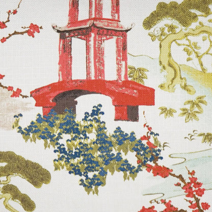 Chinoiserie pillow pattern featuring a red pagoda with blue blossoms and olive-green trees.