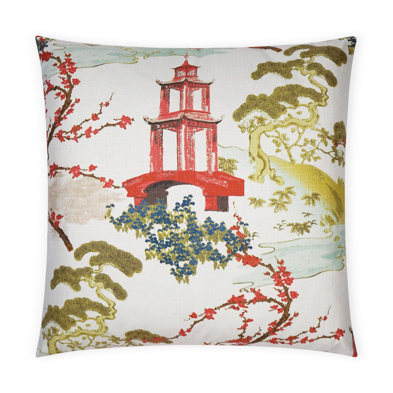 Square decorative throw pillow with a red pagoda and colorful blossoms on a cream background.