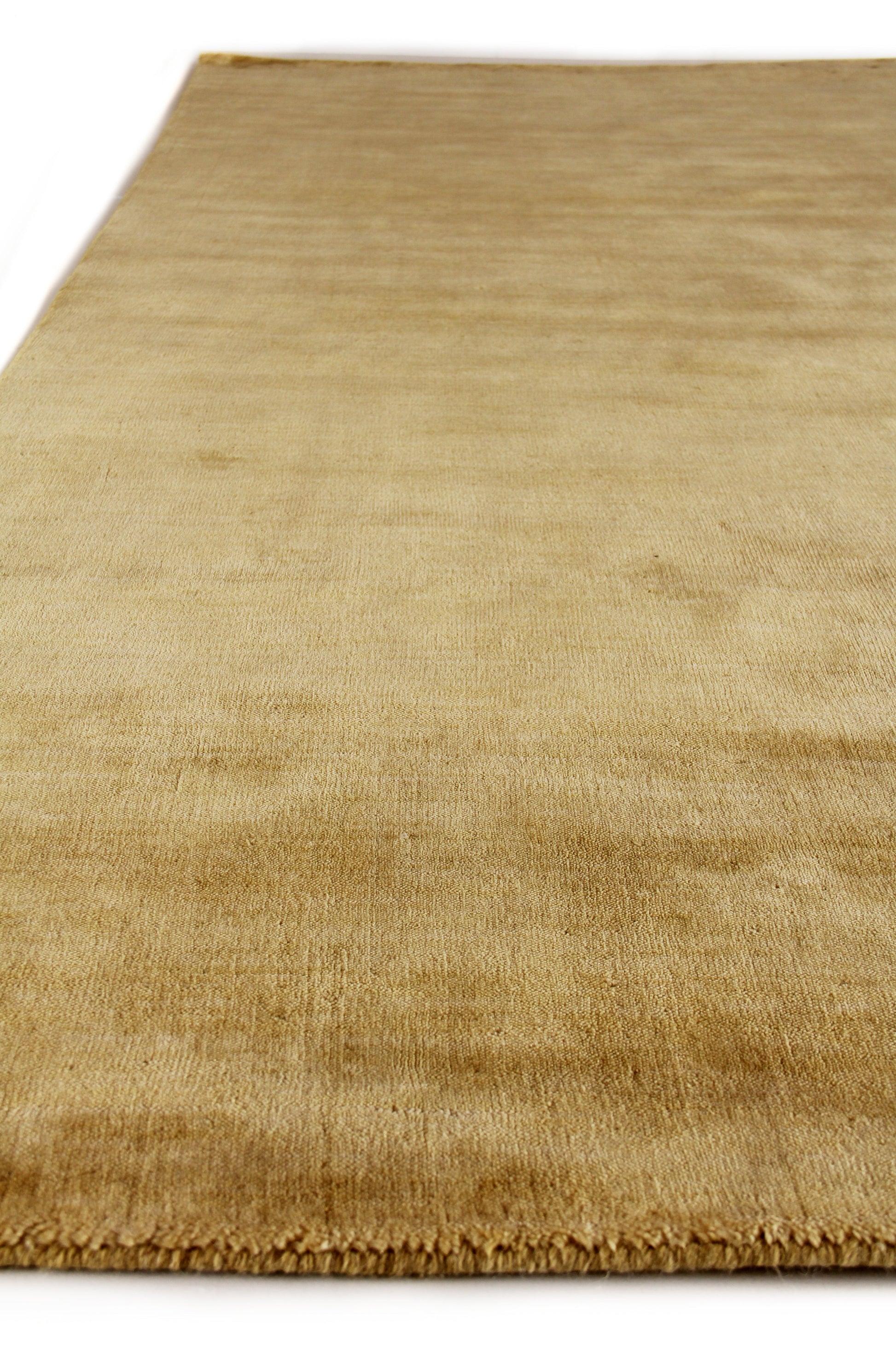 Beige rectangular area rug with subtle texture, low-pile surface and fringe along one edge.