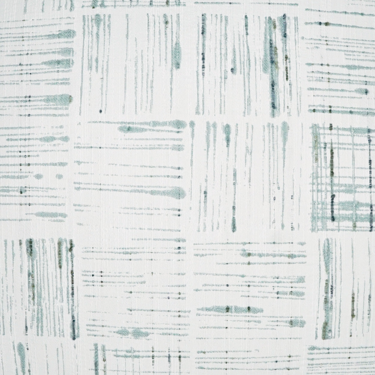 White fabric with teal-blue brushed vertical and horizontal lines forming a subtle grid.