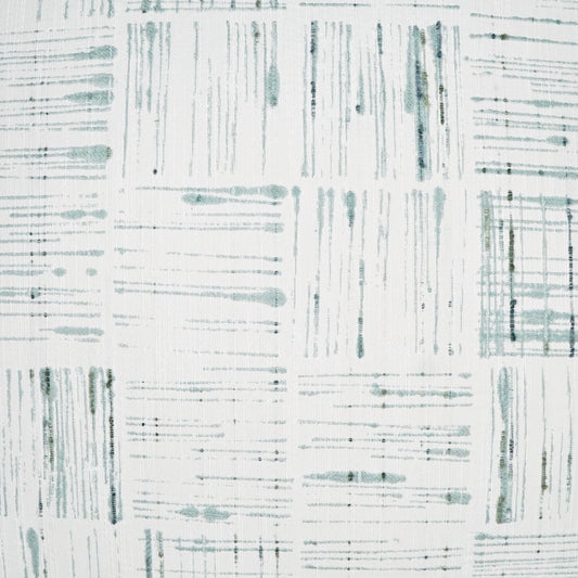 White fabric with teal-blue brushed vertical and horizontal lines forming a subtle grid.