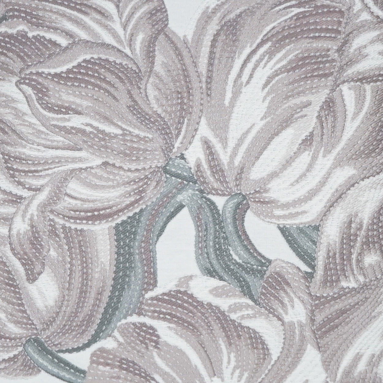 Pastel lilac floral jacquard fabric with large blooms and sage-green stems.