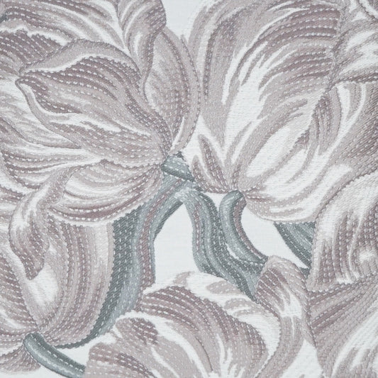 Pastel lilac floral jacquard fabric with large blooms and sage-green stems.