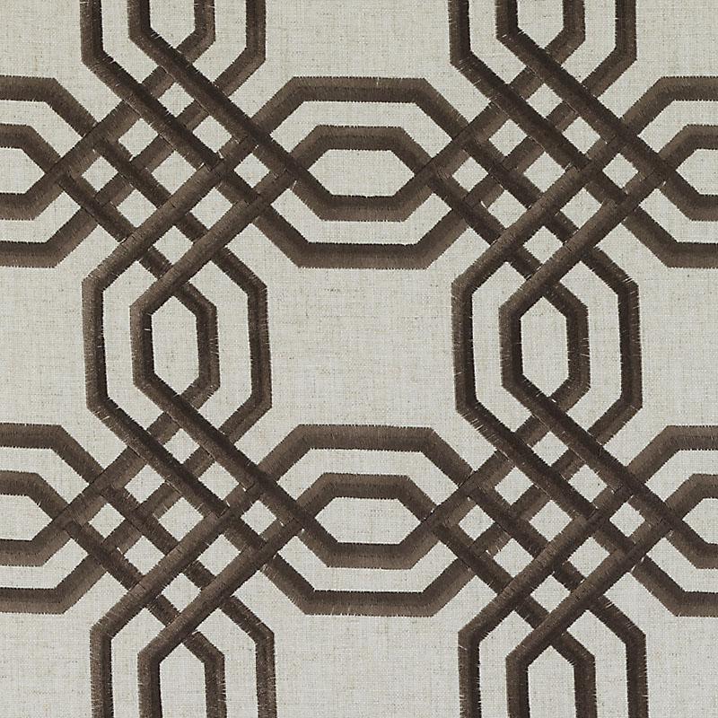 Beige linen drapery fabric with a dark brown interlocking octagon lattice pattern; geometric decor.