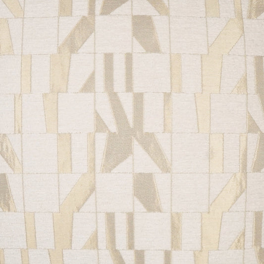 Beige and cream geometric fabric with tile-like squares and tan diagonal bars; upholstery material.