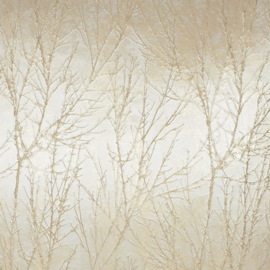 Beige fabric with delicate tan tree-branch pattern; soft botanical textile for upholstery or drapes.
