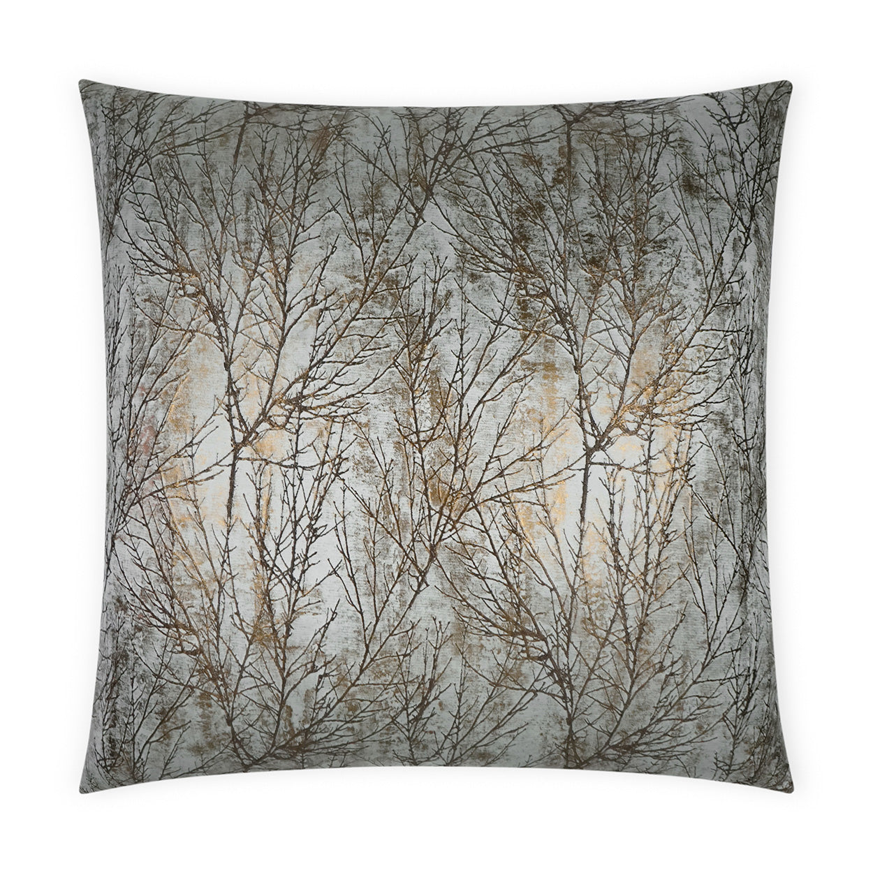 Decorative square throw pillow with a gray, taupe and cream leafless tree branch pattern.