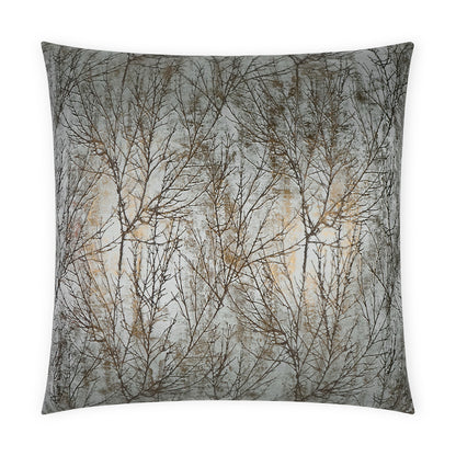 Decorative square throw pillow with a gray, taupe and cream leafless tree branch pattern.