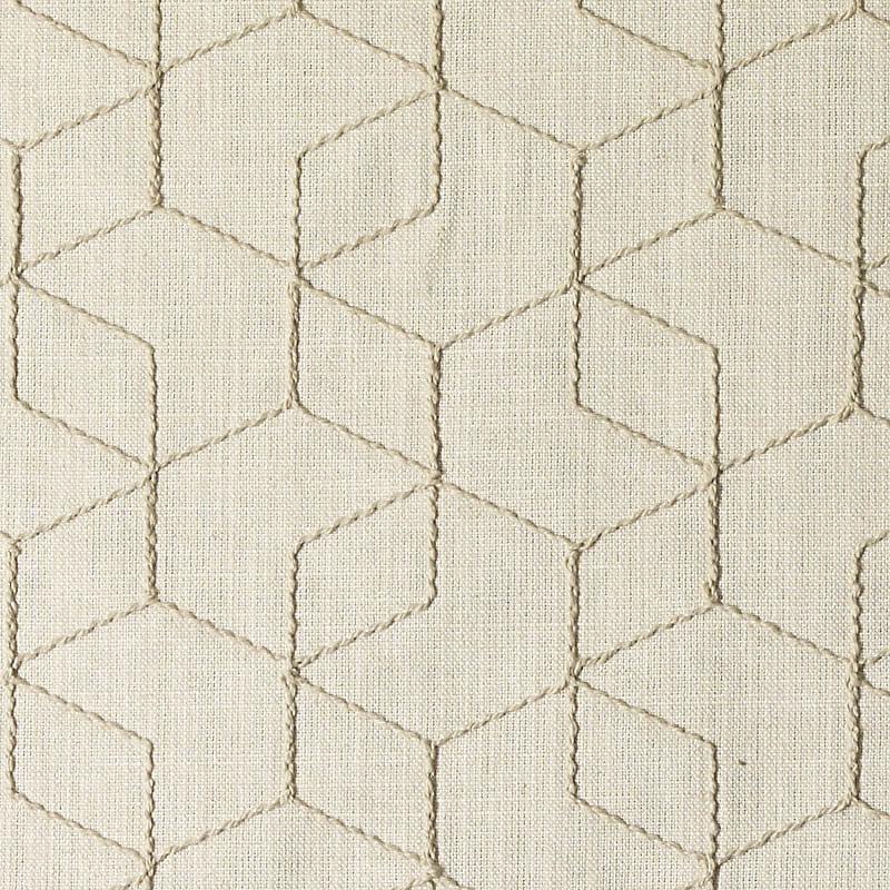 Beige linen fabric with a stitched geometric cube pattern in light brown thread.