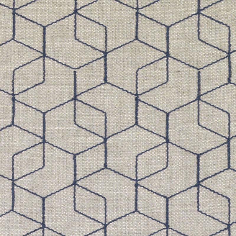Beige linen drapery fabric with a navy geometric cube pattern.