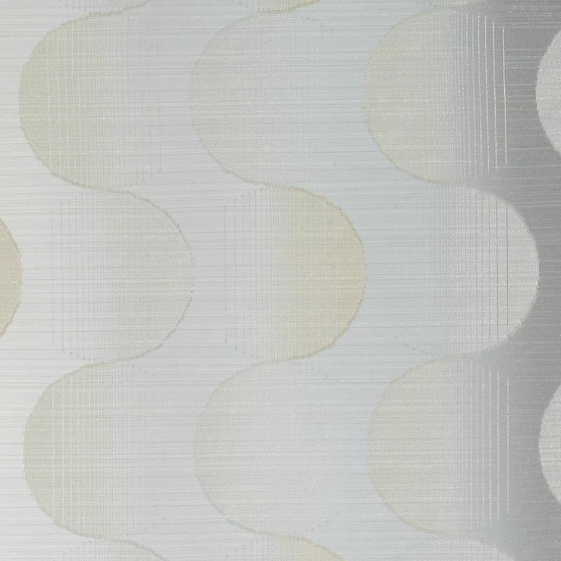 Light beige and gray scalloped arc drapery fabric with subtle linen texture and repeating circle pattern.