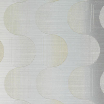 Light beige and gray scalloped arc drapery fabric with subtle linen texture and repeating circle pattern.