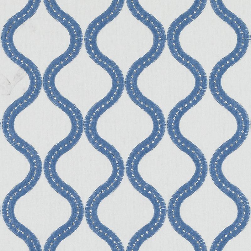White drapery fabric featuring repeating blue wavy ribbons with dotted edges.