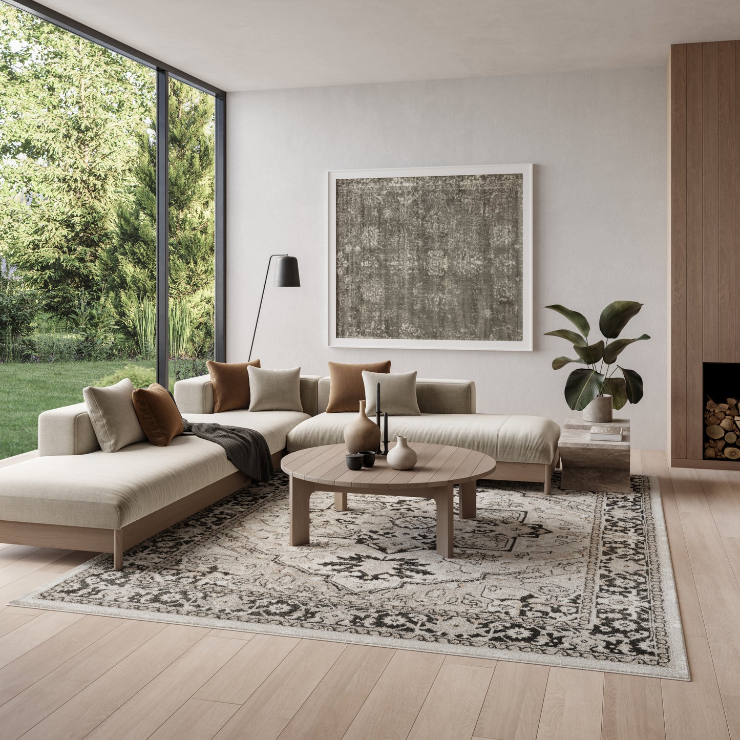 Vintage beige patterned rug, 8' x 10', shown in a living room with a neutral sofa, round wooden coffee table and abstract art.