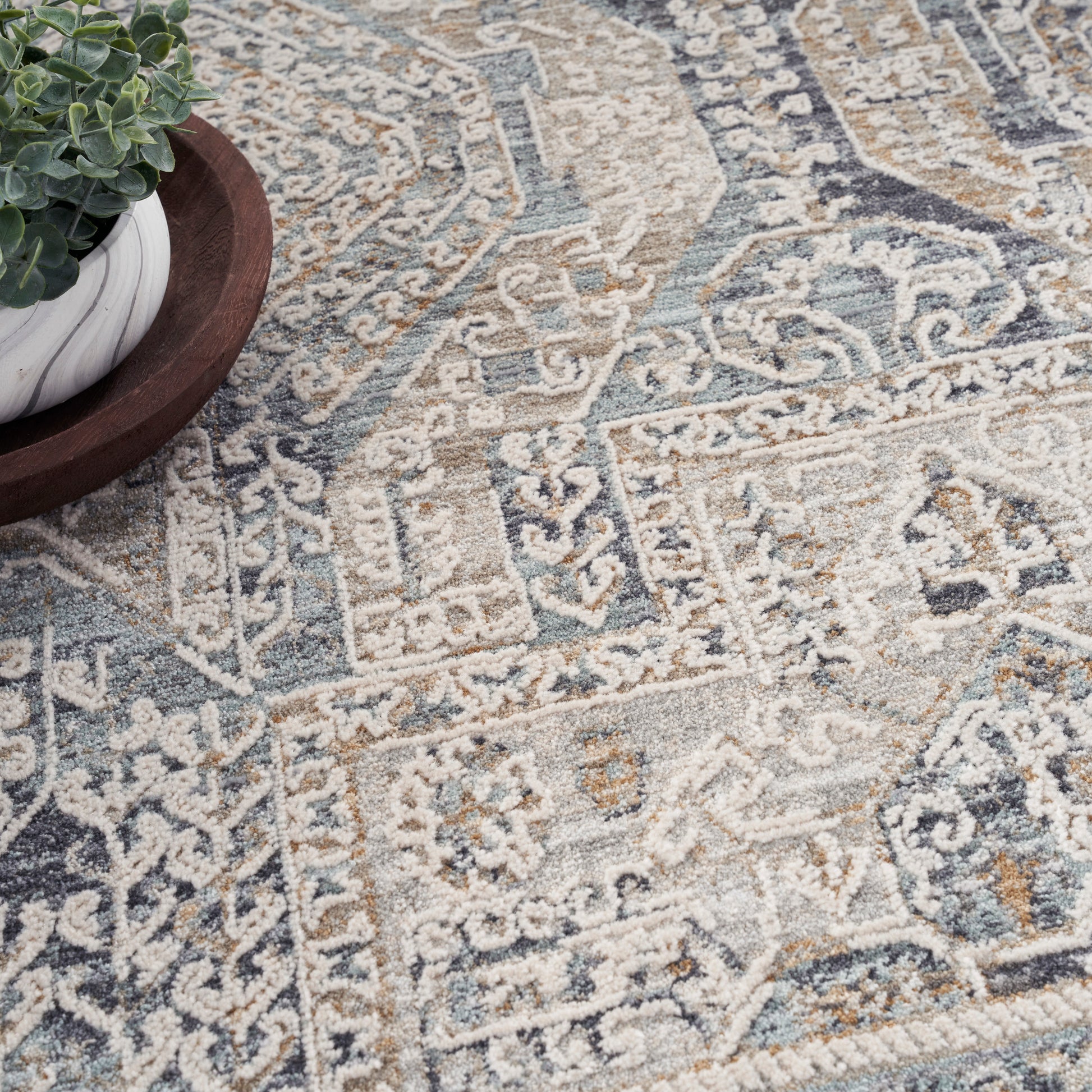 Close-up of a blue & beige oriental rug with intricate motifs; a potted plant sits on a wooden tray in the corner.