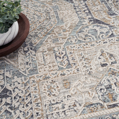 Close-up of a blue & beige oriental rug with intricate motifs; a potted plant sits on a wooden tray in the corner.