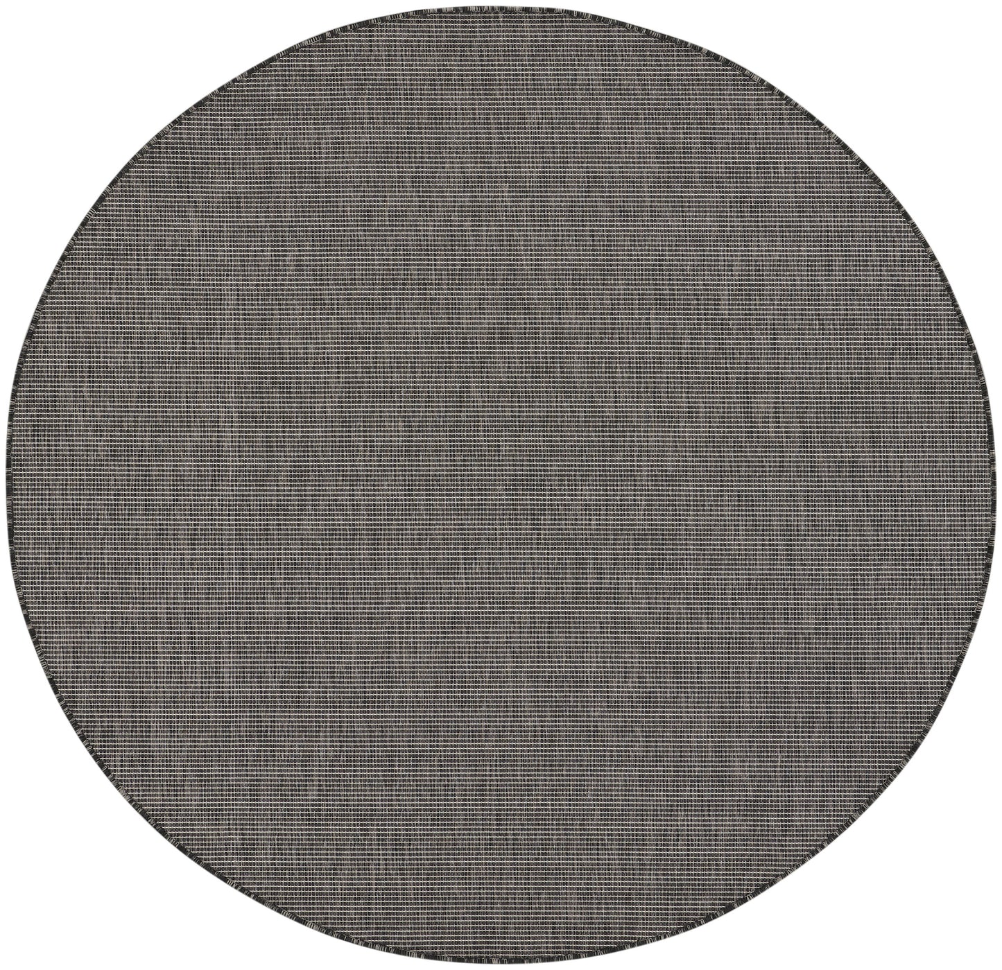 Round woven rug in gray-beige tones with a tight grid texture, modern minimalist style.