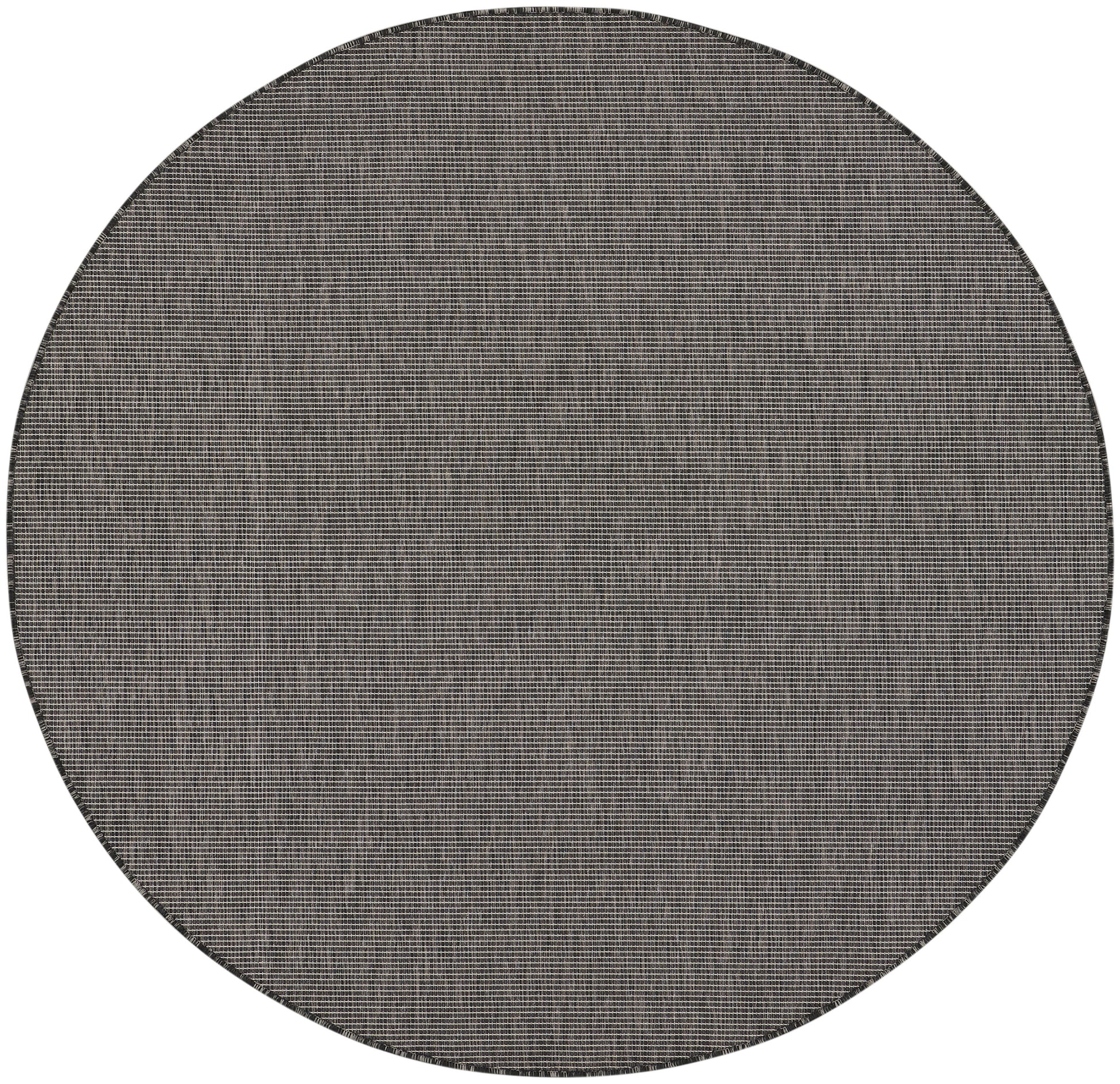 Round woven rug in gray-beige tones with a tight grid texture, modern minimalist style.
