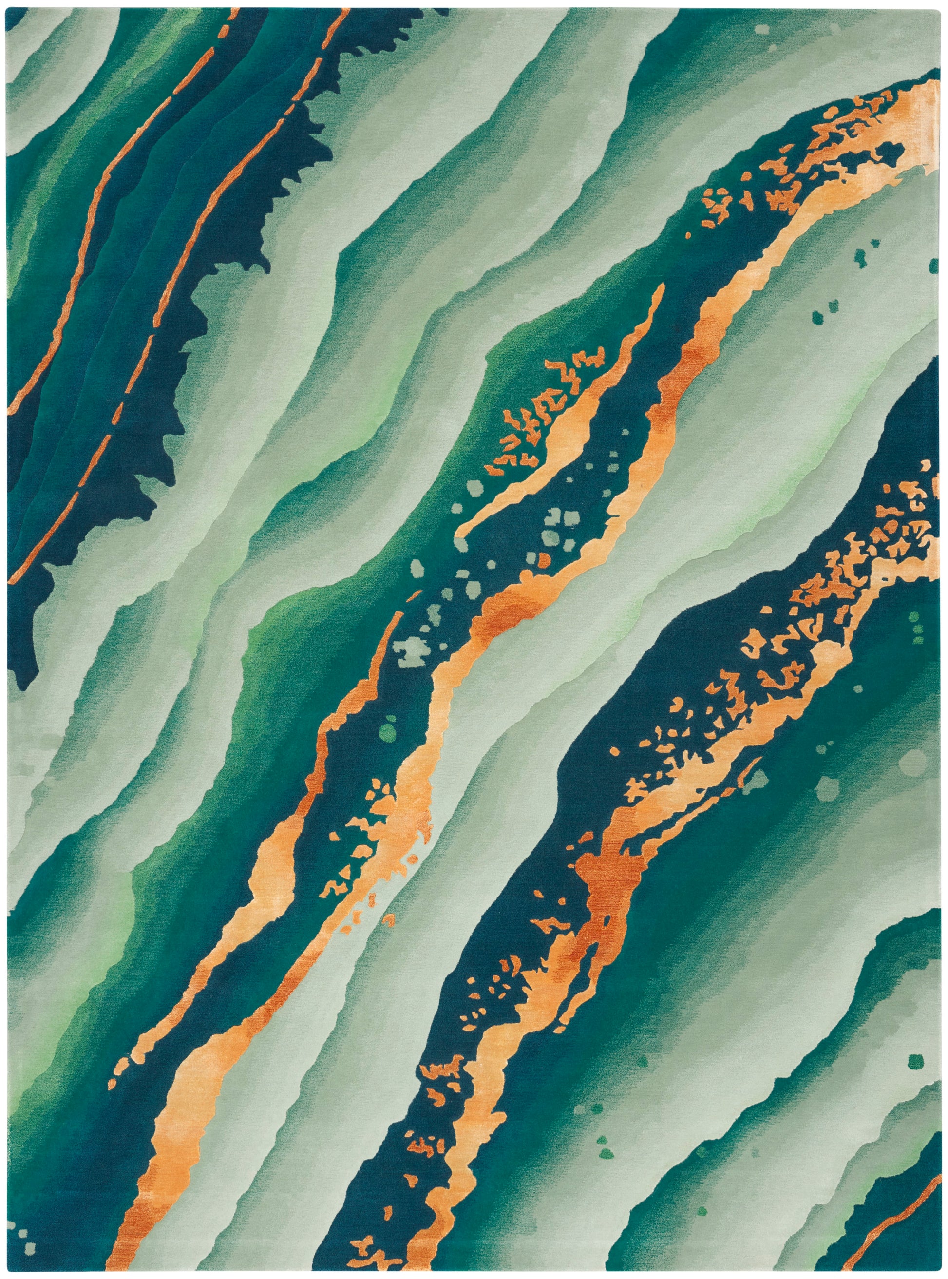 Rectangular abstract rug with teal-green waves and bold orange-gold streaks.