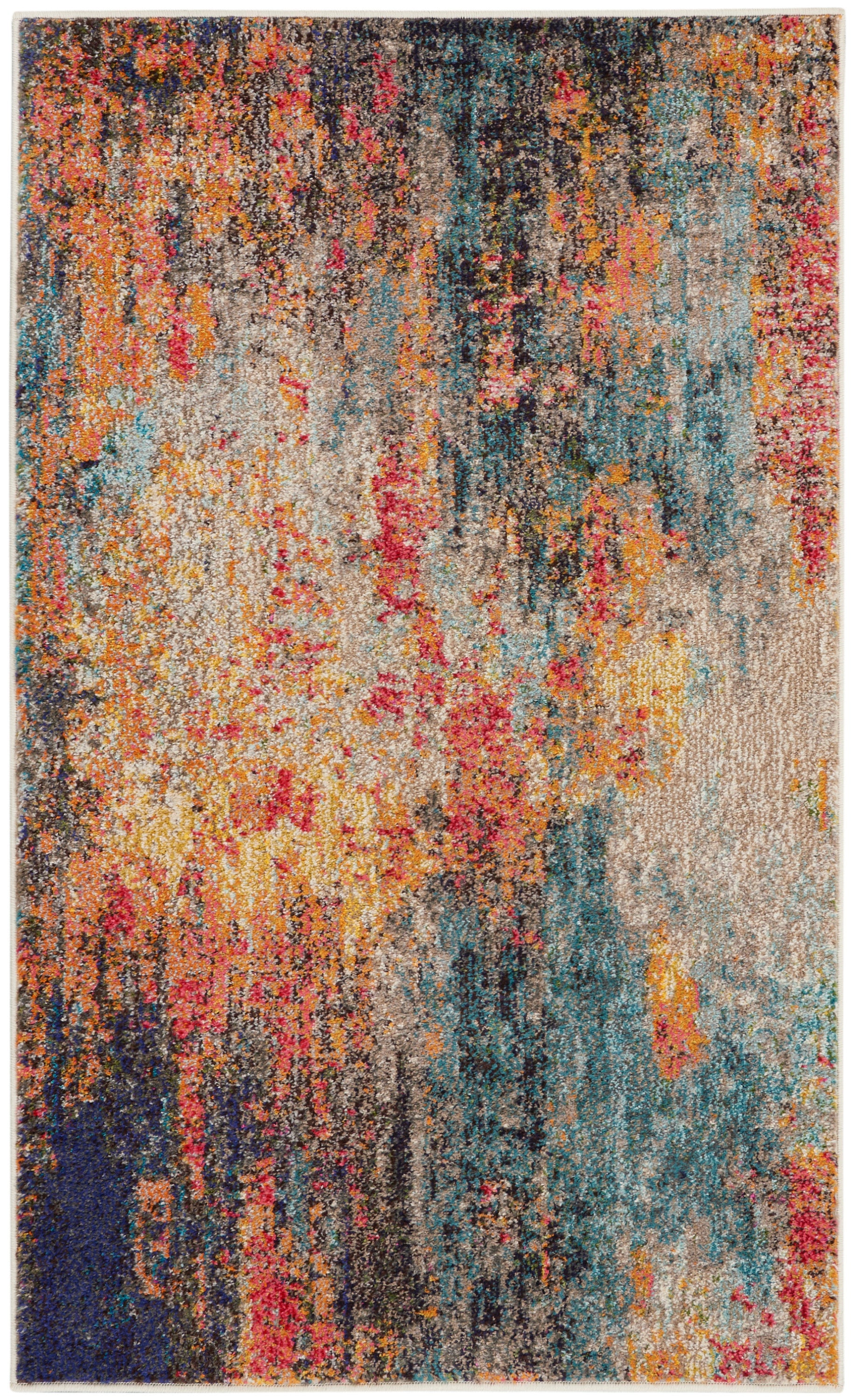Abstract multicolor area rug with orange, teal, blue & red on beige background; plush shag pile for living rooms.