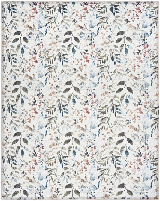 Cream rug with watercolor botanical pattern of leafy vines and small pink and blue berry clusters.