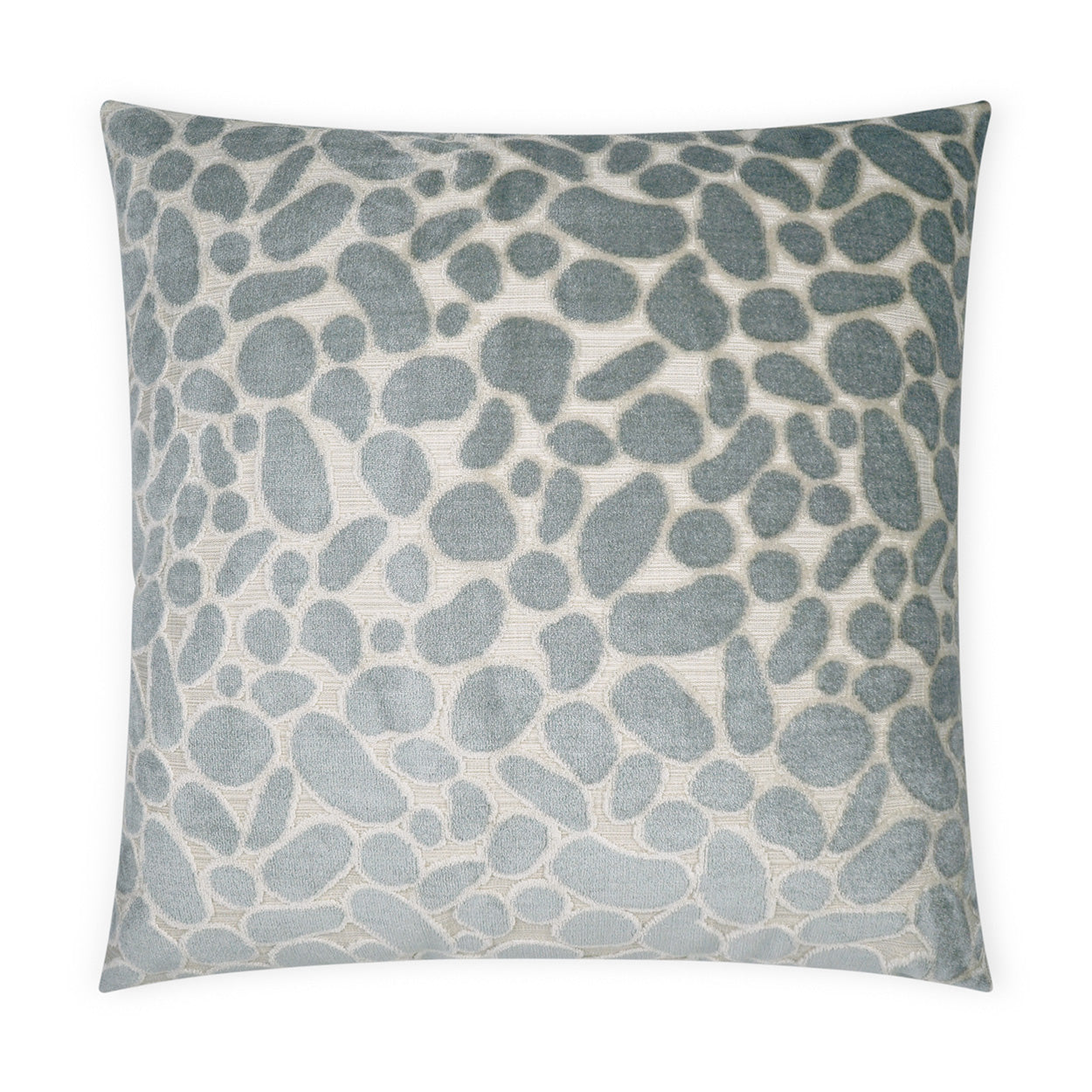 Square throw pillow in Mist with a modern geometric abstract pattern on light beige textured fabric.