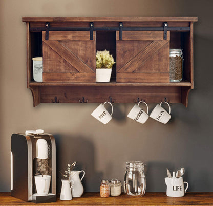 40" Brown Wood Five Hook Shelf With Barn Door Storage