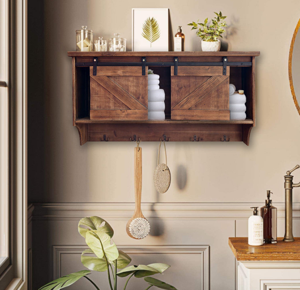 Rustic Wooden Shelf With Barn Door Storage And Hooks