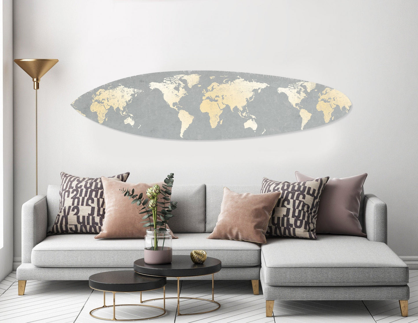 76" X 18" X 1" Grey And Gold World Map Surfboard Wall Art