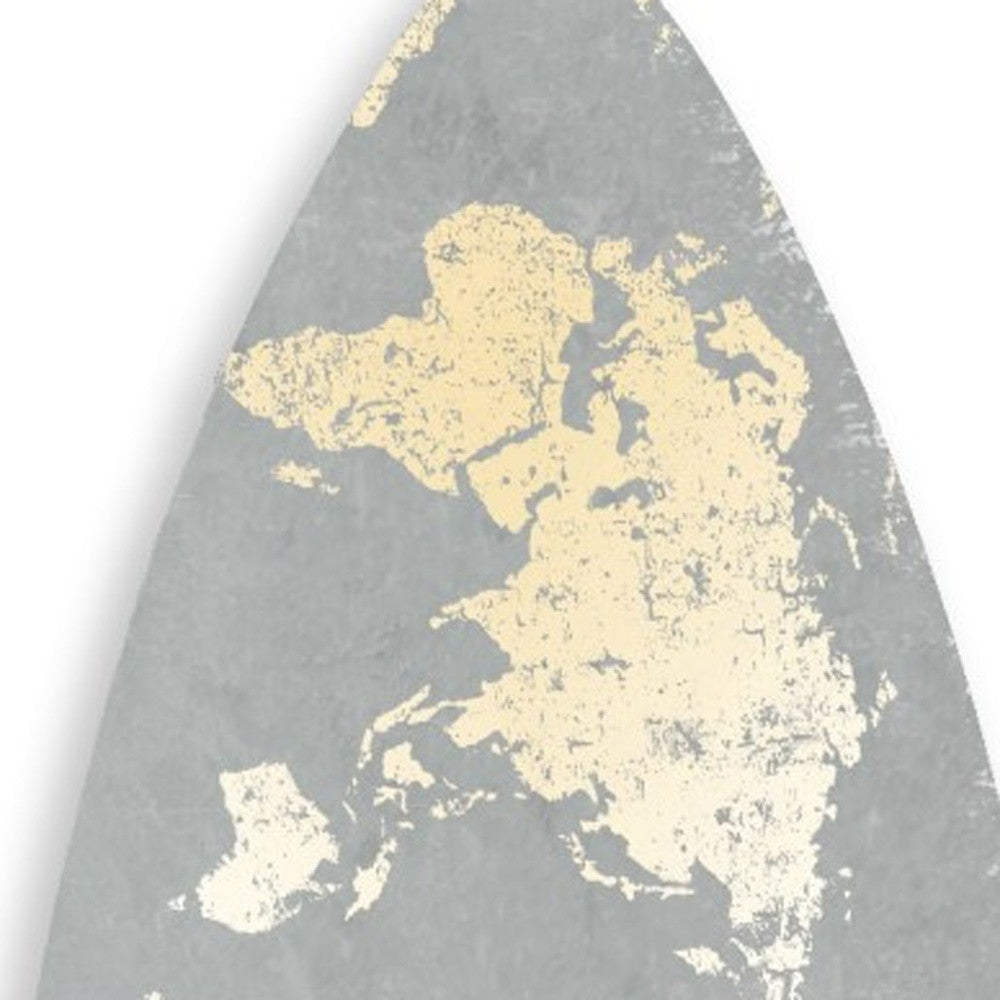 76" X 18" X 1" Grey And Gold World Map Surfboard Wall Art