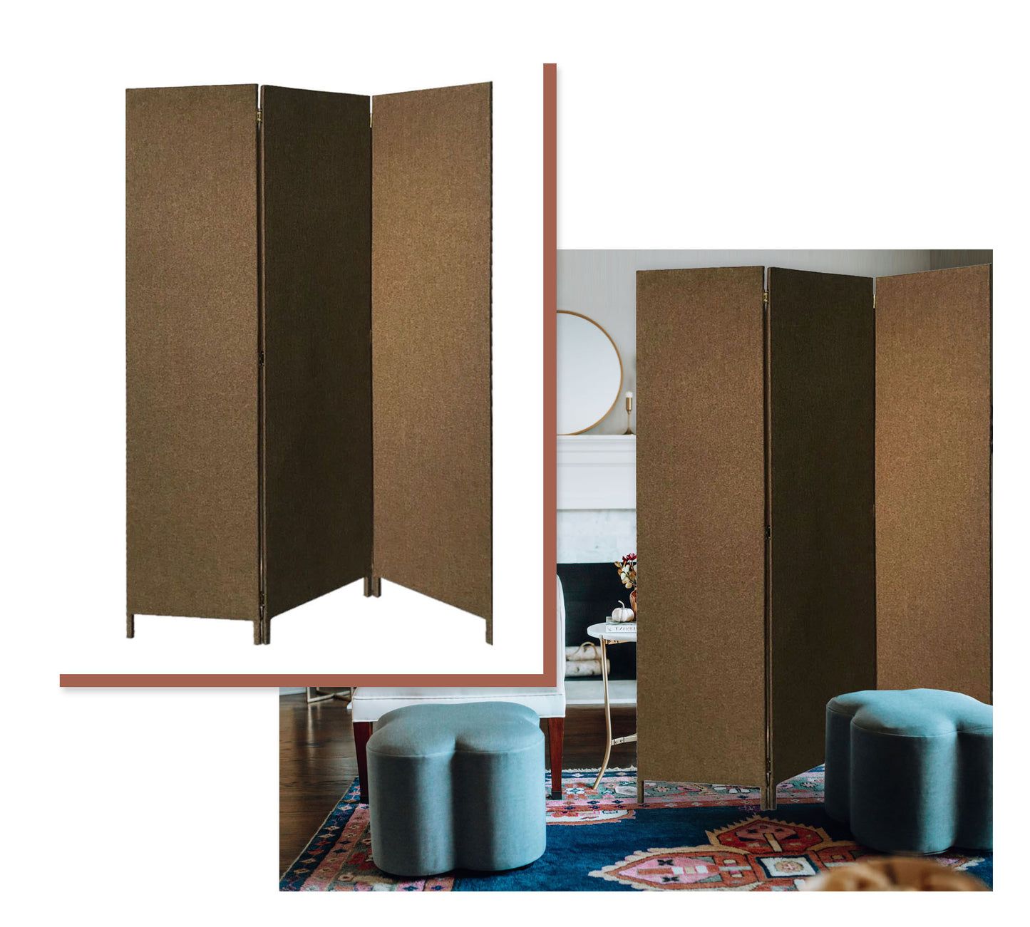 Brown Upholstered 3 Panel Room Divider Screen