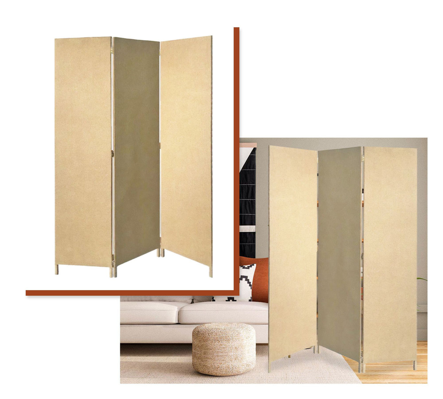 Brown Upholstered 3 Panel Room Divider Screen