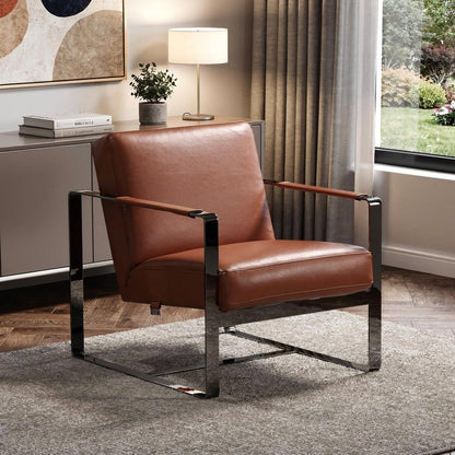 Brown leather lounge chair with a black metal cantilever frame & wood-accent armrests in a modern living room.