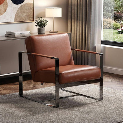 28" Camel and Black Italian Leather and Metal Arm Chair