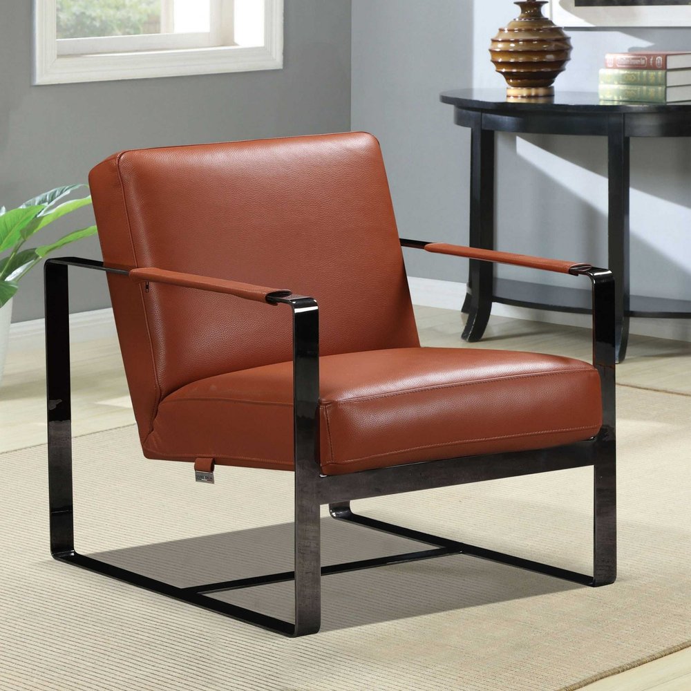 Brown leather upholstered lounge chair with black metal frame and slim armrests.